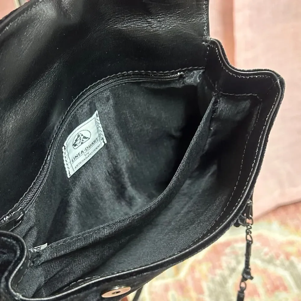 Linea Duart by Artigianato 2000 Black Velvet Purse w/ Leather Trim Made in Italy